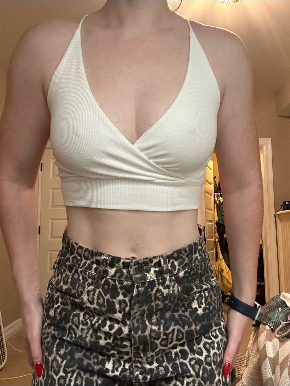 White Ribbed Drawstring V Neck Top - Picture 1 of 7